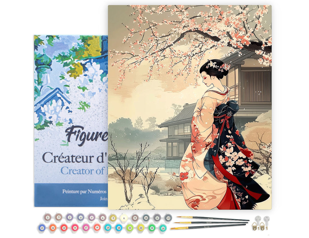 Malen nach Zahlen 40x50cm auf Keilrahmen gespannt Figured’Art Vintage-Szene mit einer Geisha im Winter