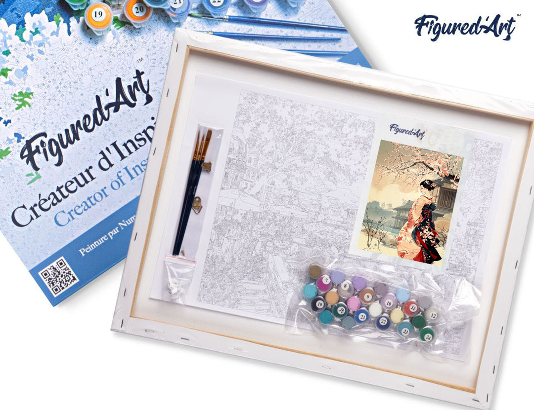 Malen nach Zahlen 40x50cm auf Keilrahmen gespannt Figured’Art Vintage-Szene mit einer Geisha im Winter