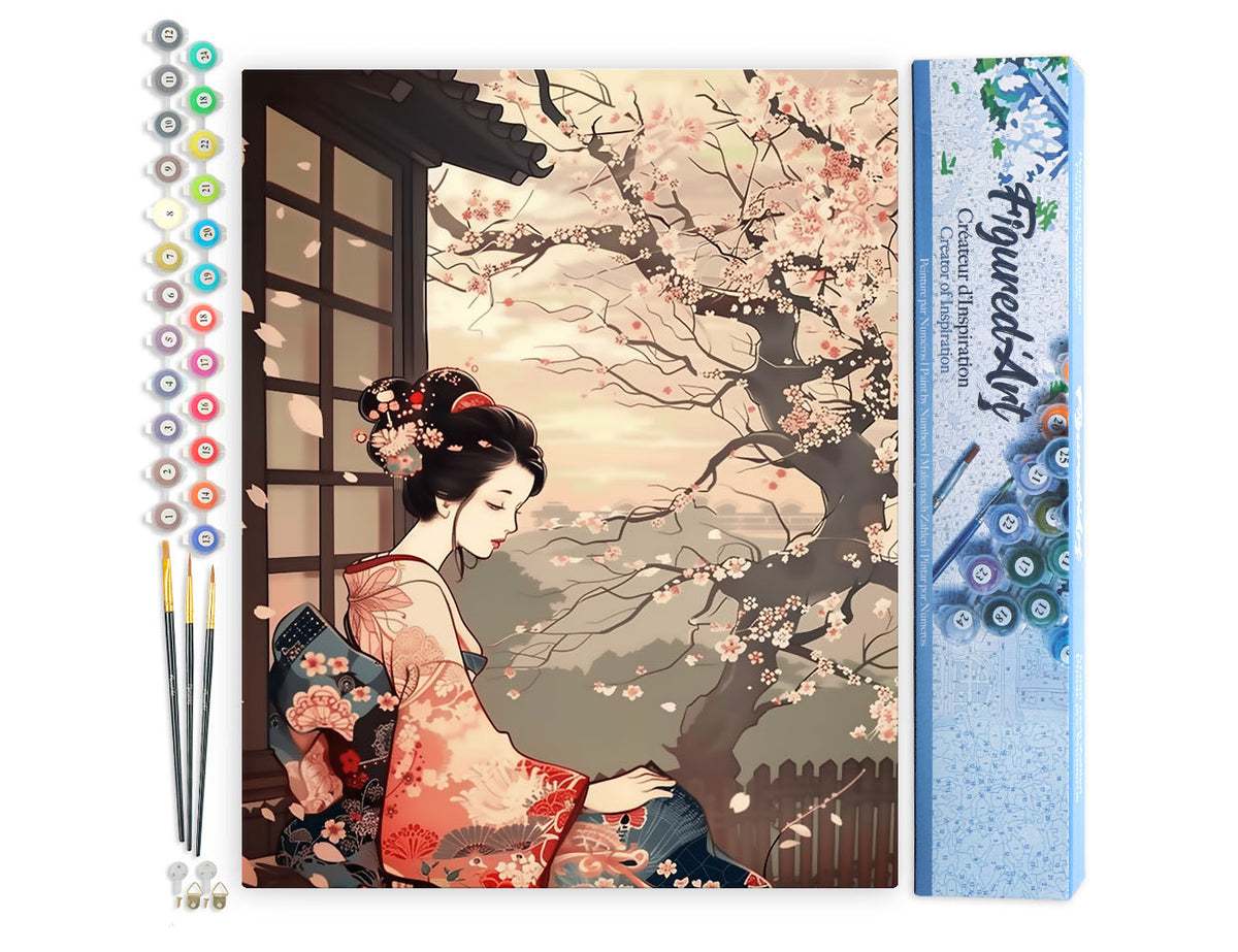 Malen nach Zahlen 40x50cm ohne Keilrahmen Figured’Art Frau im Vintage-Kimono und Kirschblüten - Kidis Art