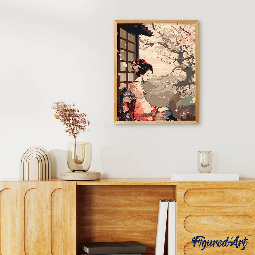 Malen nach Zahlen 40x50cm auf Keilrahmen gespannt Figured’Art Frau im Vintage-Kimono und Kirschblüten