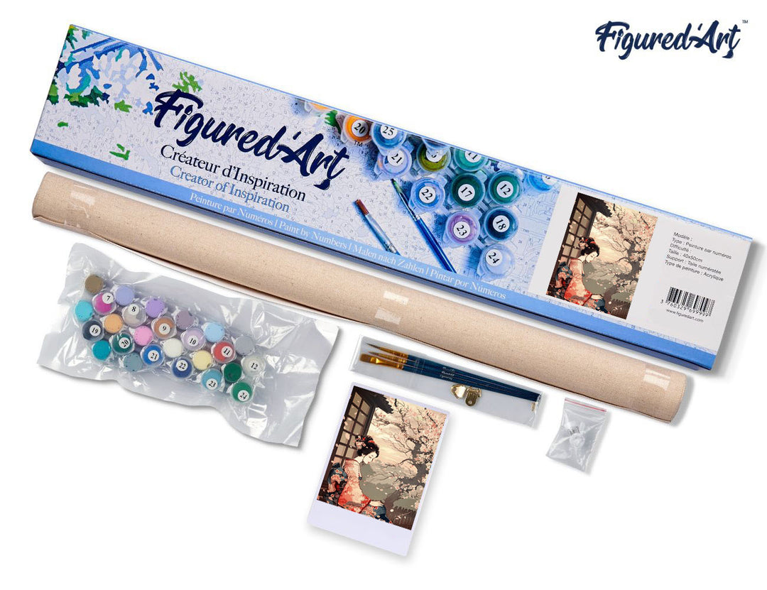 Malen nach Zahlen 40x50cm ohne Keilrahmen Figured’Art Frau im Vintage-Kimono und Kirschblüten