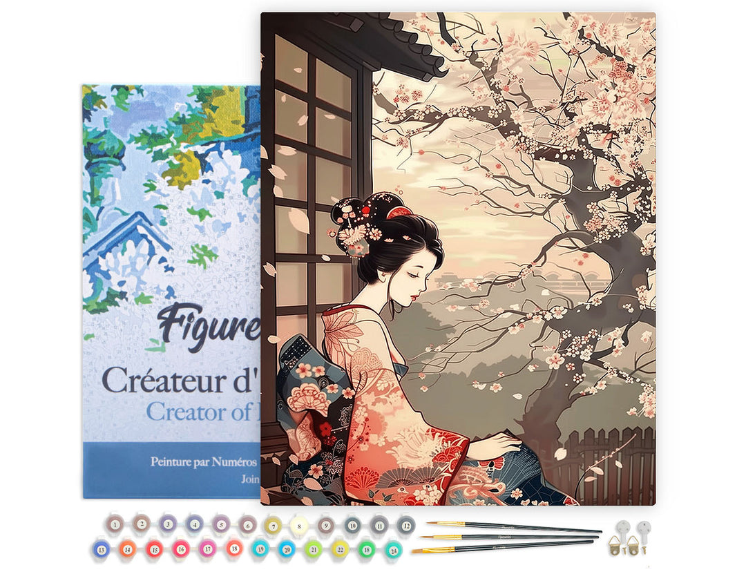 Malen nach Zahlen 40x50cm auf Keilrahmen gespannt Figured’Art Frau im Vintage-Kimono und Kirschblüten