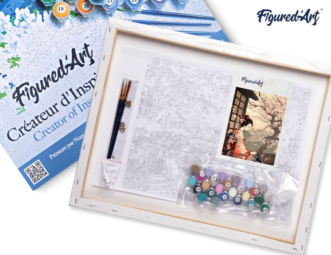 Malen nach Zahlen 40x50cm auf Keilrahmen gespannt Figured’Art Frau im Vintage-Kimono und Kirschblüten