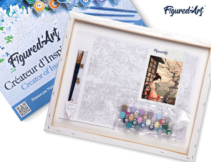 Malen nach Zahlen 40x50cm auf Keilrahmen gespannt Figured’Art Frau im Vintage-Kimono und Kirschblüten