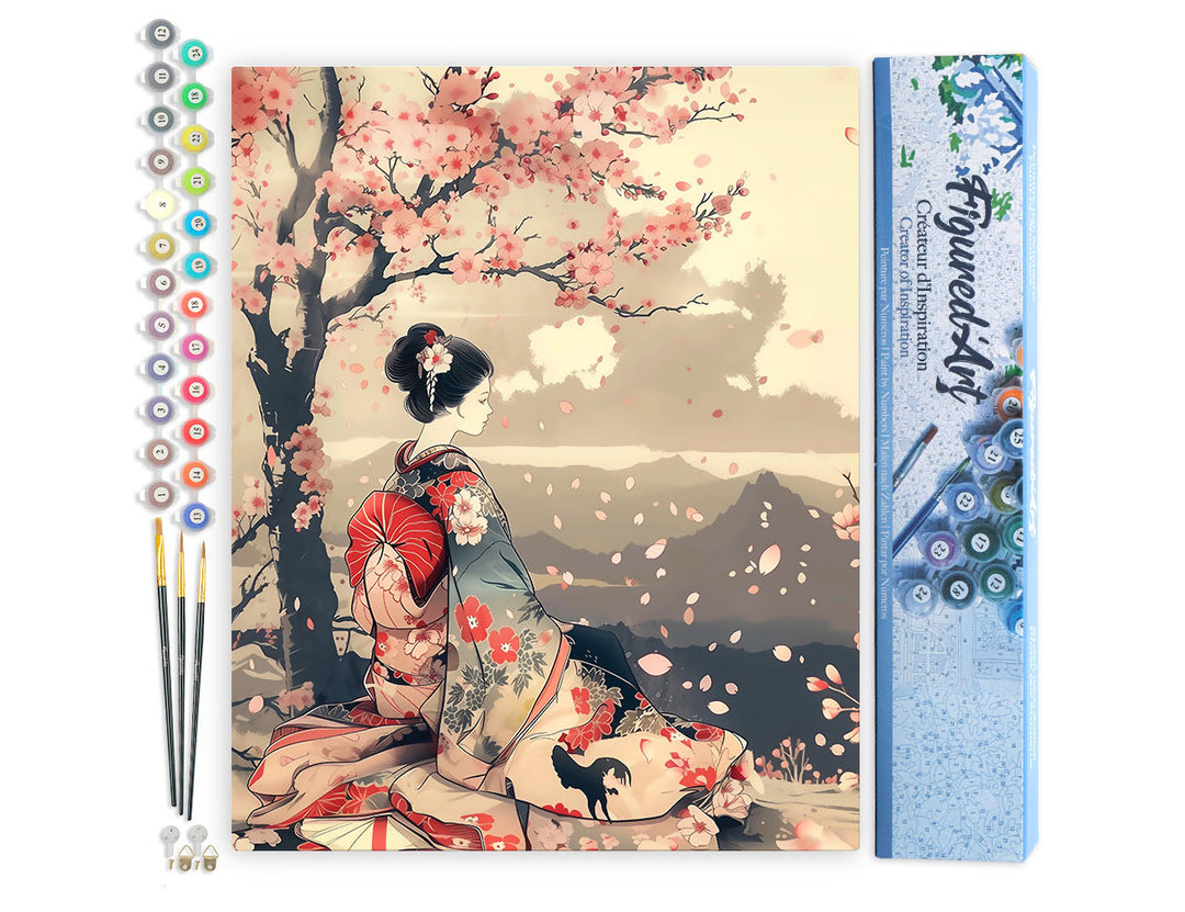 Malen nach Zahlen 40x50cm ohne Keilrahmen Figured’Art Vintage-Geisha unter Kirschblüten