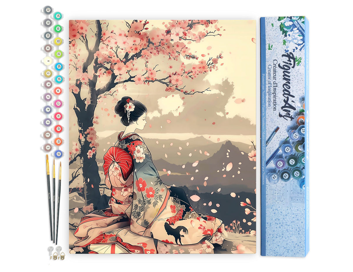 Malen nach Zahlen 40x50cm ohne Keilrahmen Figured’Art Vintage-Geisha unter Kirschblüten - Kidis Art