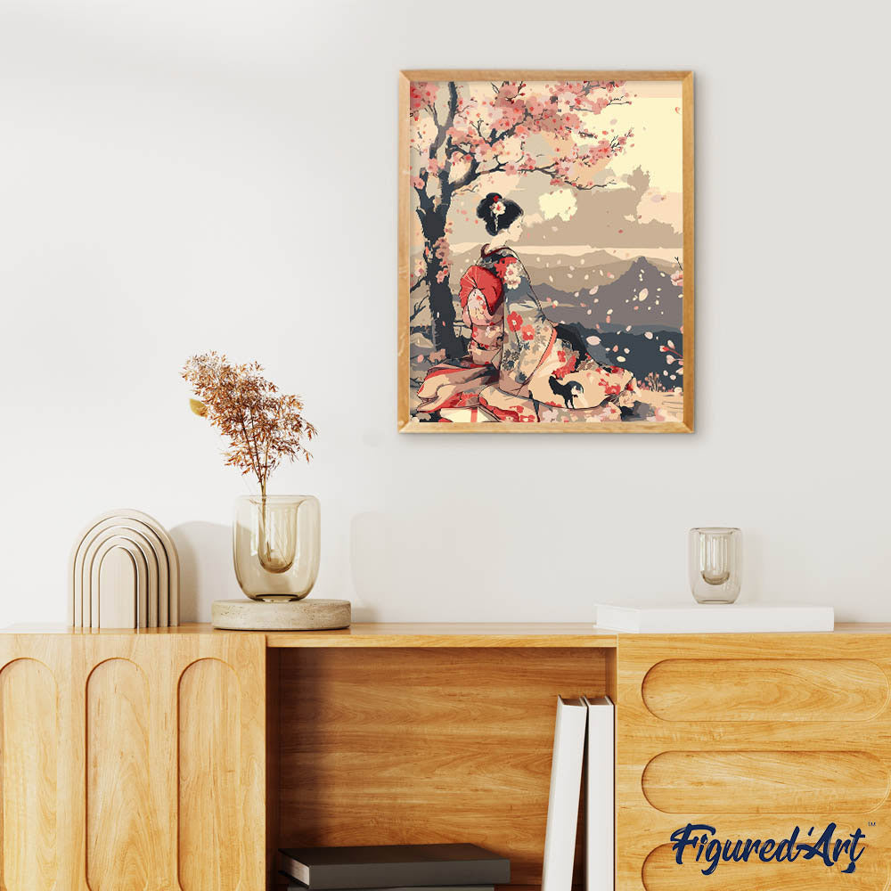 Malen nach Zahlen 40x50cm auf Keilrahmen gespannt Figured’Art Vintage-Geisha unter Kirschblüten