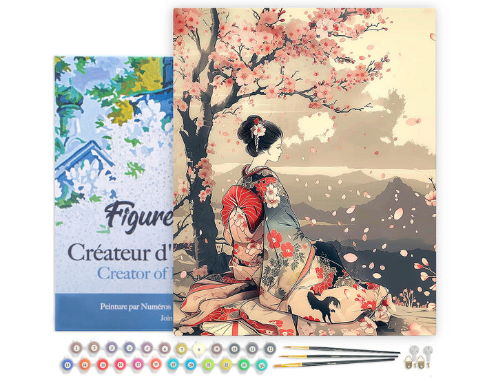 Malen nach Zahlen 40x50cm auf Keilrahmen gespannt Figured’Art Vintage-Geisha unter Kirschblüten