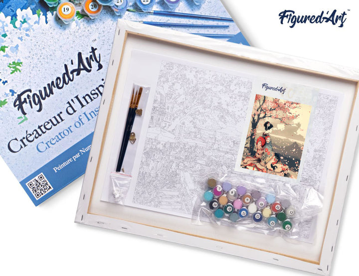 Malen nach Zahlen 40x50cm auf Keilrahmen gespannt Figured’Art Vintage-Geisha unter Kirschblüten