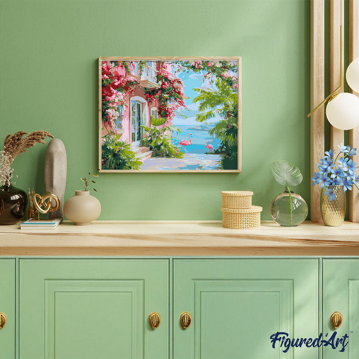 Malen nach Zahlen 40x50cm ohne Keilrahmen Figured’Art Rosa Villa am Meer
