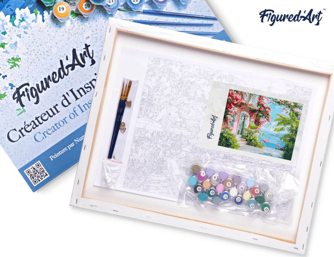 Malen nach Zahlen 40x50cm auf Keilrahmen gespannt Figured’Art Rosa Villa am Meer