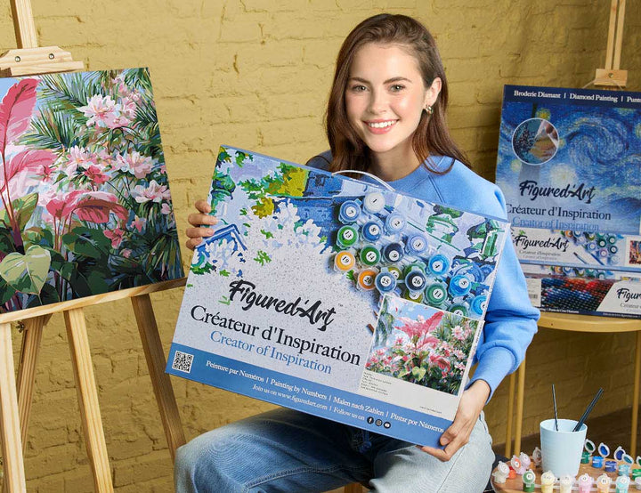 Malen nach Zahlen 40x50cm auf Keilrahmen gespannt Figured’Art Tropische rosa Blüte - Kidis Art