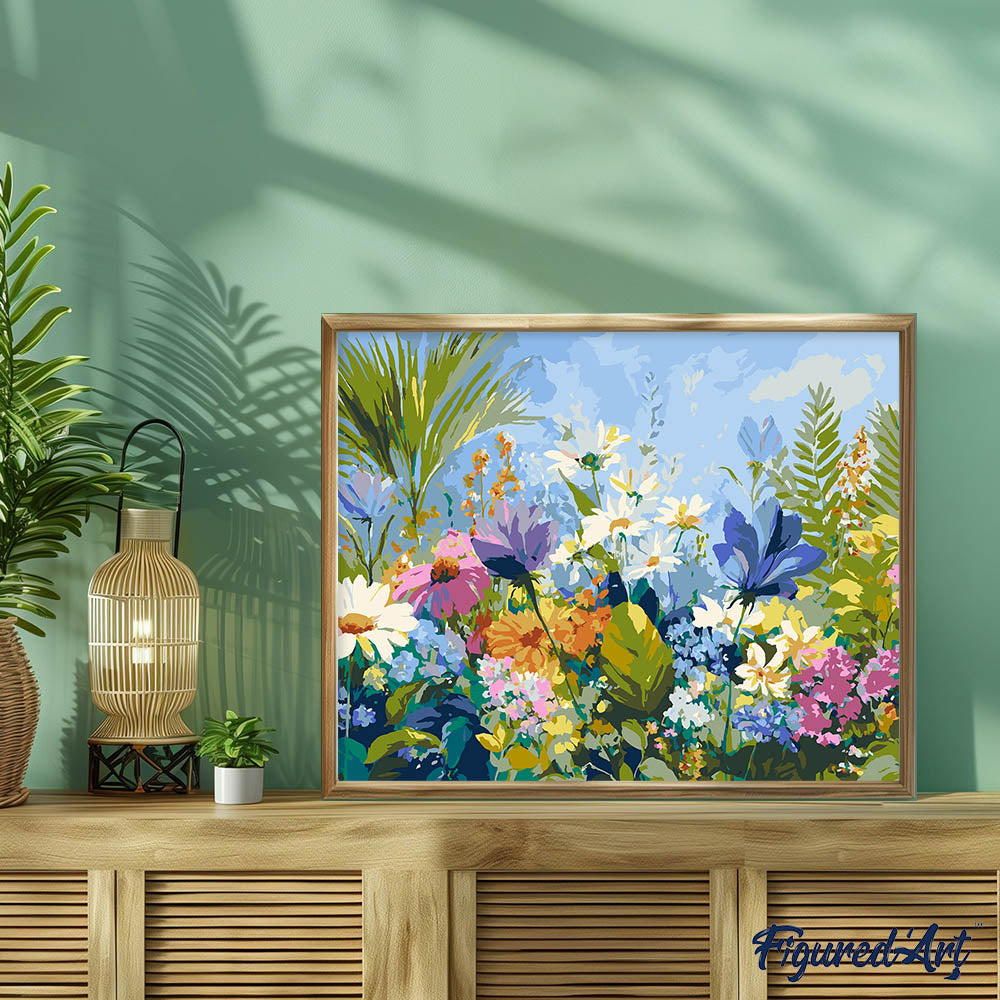 Malen nach Zahlen 40x50cm auf Keilrahmen gespannt Figured’Art Feld voller bunter Blumen