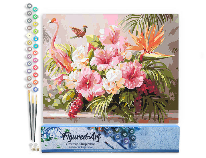 Malen nach Zahlen 40x50cm ohne Keilrahmen Figured’Art Hibiskus und Flamingo