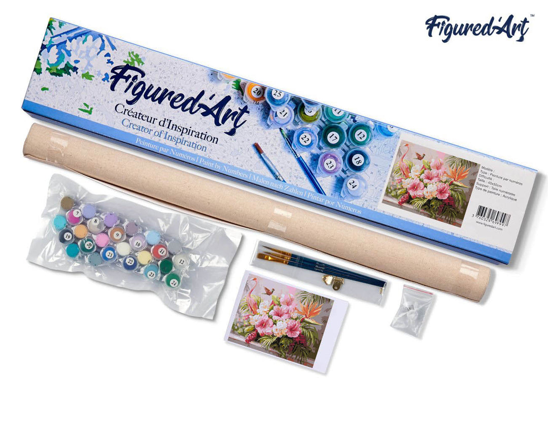 Malen nach Zahlen 40x50cm ohne Keilrahmen Figured’Art Hibiskus und Flamingo