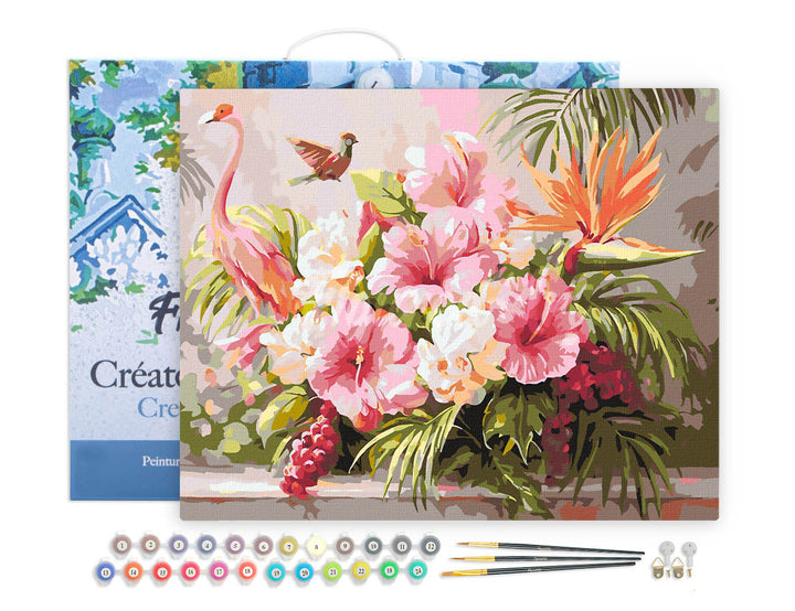 Malen nach Zahlen 40x50cm auf Keilrahmen gespannt Figured’Art Hibiskus und rosa Flamingo
