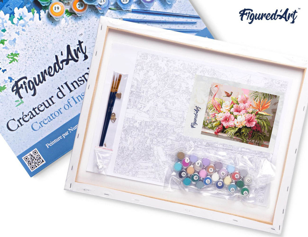 Malen nach Zahlen 40x50cm auf Keilrahmen gespannt Figured’Art Hibiskus und rosa Flamingo