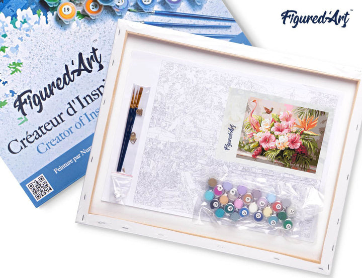 Malen nach Zahlen 40x50cm auf Keilrahmen gespannt Figured’Art Hibiskus und rosa Flamingo