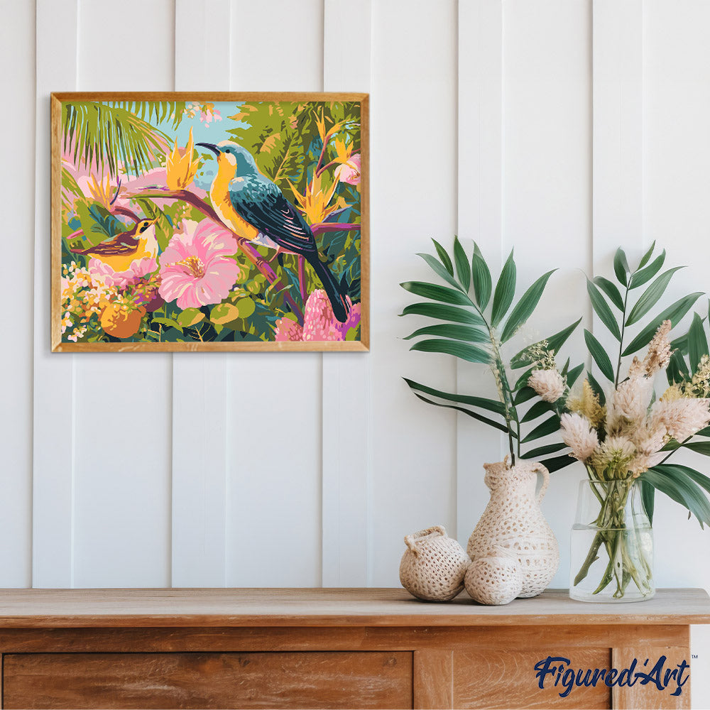 Malen nach Zahlen 40x50cm auf Keilrahmen gespannt Figured’Art Vögel im tropischen Garten - Kidis Art