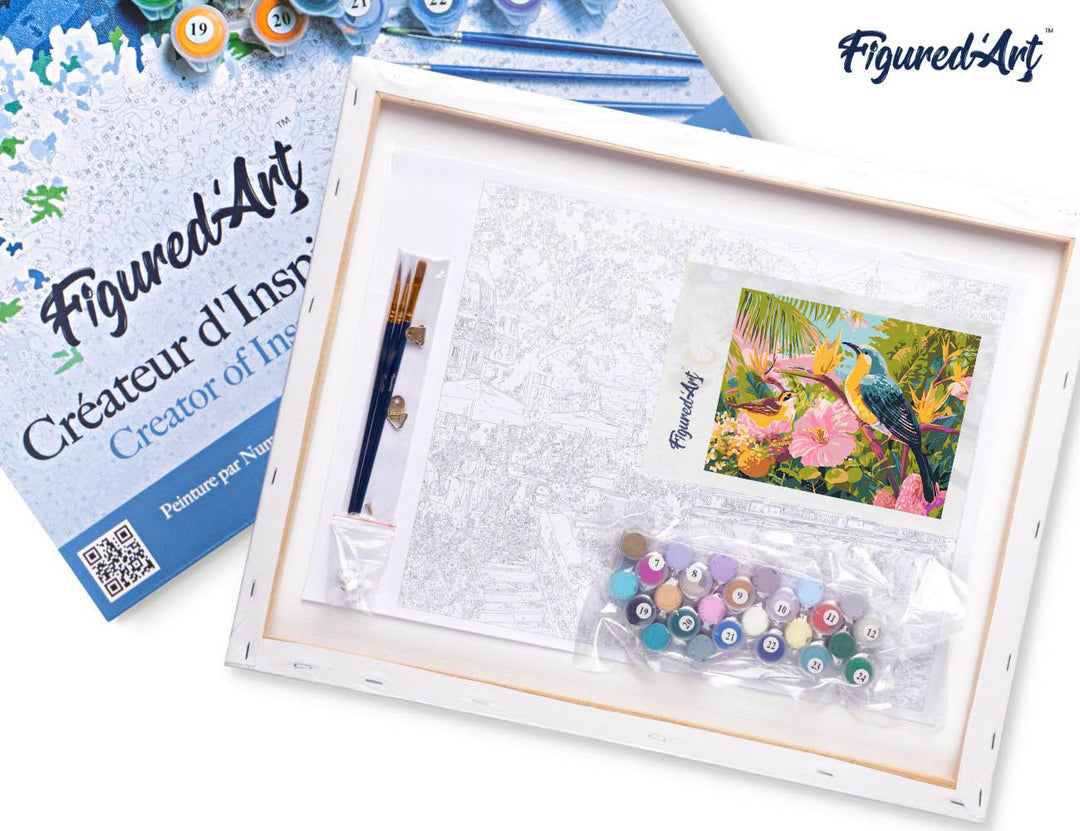 Malen nach Zahlen 40x50cm auf Keilrahmen gespannt Figured’Art Vögel im tropischen Garten - Kidis Art