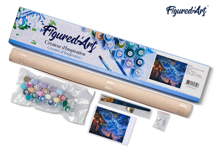 Malen nach Zahlen 40x50cm ohne Keilrahmen Figured’Art Nachtansicht mit Laterne