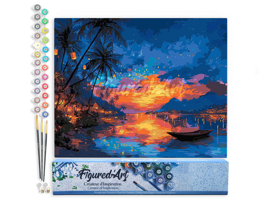 Malen nach Zahlen 40x50cm ohne Keilrahmen Figured’Art Sonnenuntergang am Strand und Laternen