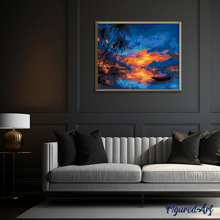 Malen nach Zahlen 40x50cm auf Keilrahmen gespannt Figured’Art Sonnenuntergang am Strand und Laternen - Kidis Art