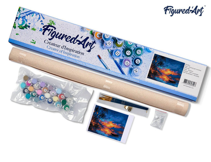 Malen nach Zahlen 40x50cm ohne Keilrahmen Figured’Art Sonnenuntergang am Strand und Laternen