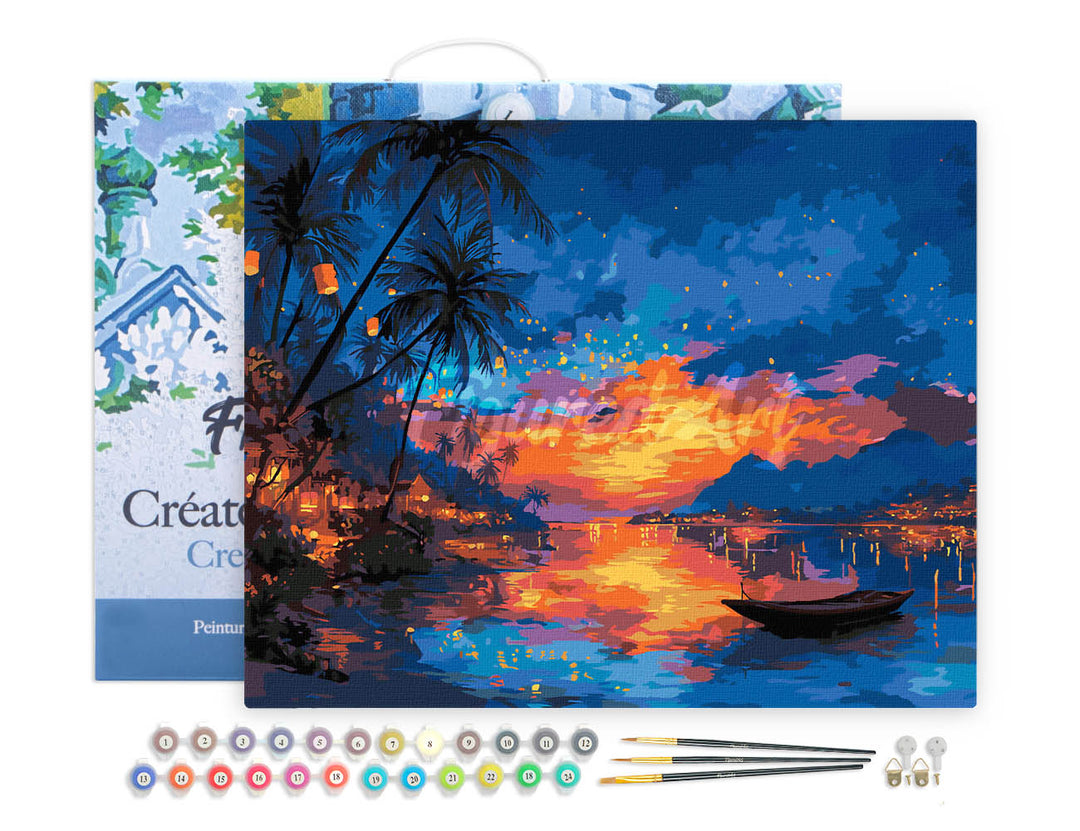 Malen nach Zahlen 40x50cm auf Keilrahmen gespannt Figured’Art Sonnenuntergang am Strand und Laternen - Kidis Art