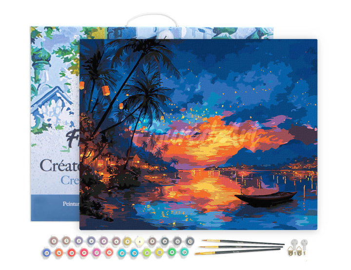 Malen nach Zahlen 40x50cm auf Keilrahmen gespannt Figured’Art Sonnenuntergang am Strand und Laternen - Kidis Art