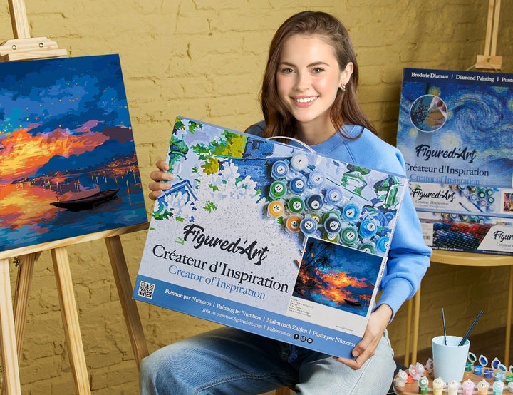 Malen nach Zahlen 40x50cm auf Keilrahmen gespannt Figured’Art Sonnenuntergang am Strand und Laternen - Kidis Art