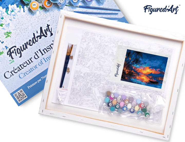 Malen nach Zahlen 40x50cm auf Keilrahmen gespannt Figured’Art Sonnenuntergang am Strand und Laternen - Kidis Art