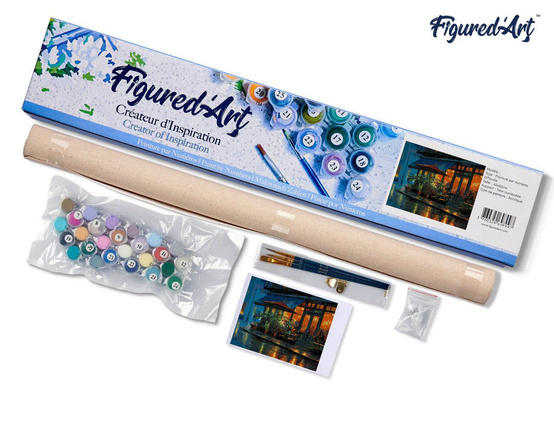 Malen nach Zahlen 40x50cm ohne Keilrahmen Figured’Art Regnerisches Straßencafé