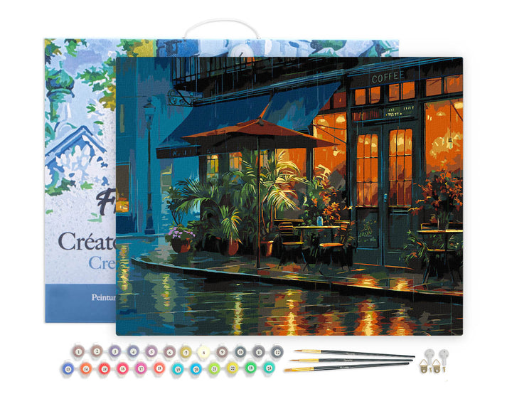 Malen nach Zahlen 40x50cm auf Keilrahmen gespannt Figured’Art Regnerisches Straßencafé