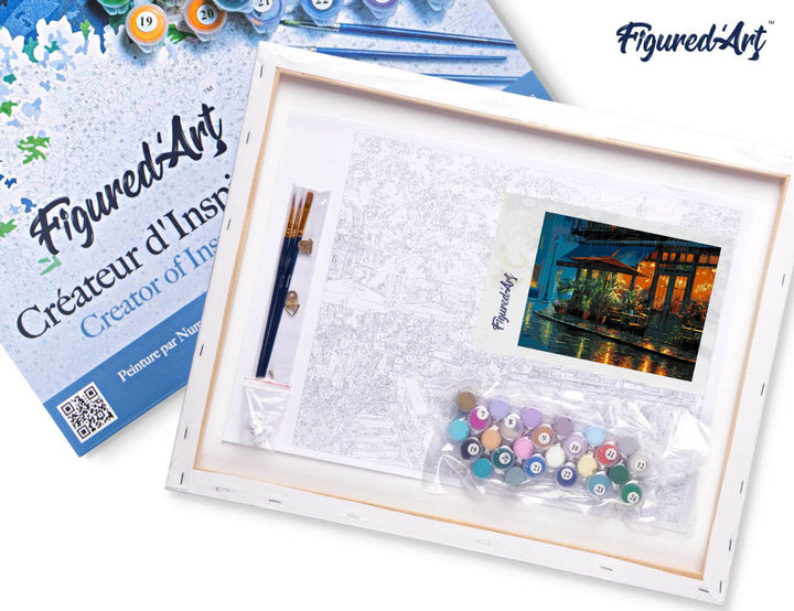 Malen nach Zahlen 40x50cm auf Keilrahmen gespannt Figured’Art Regnerisches Straßencafé