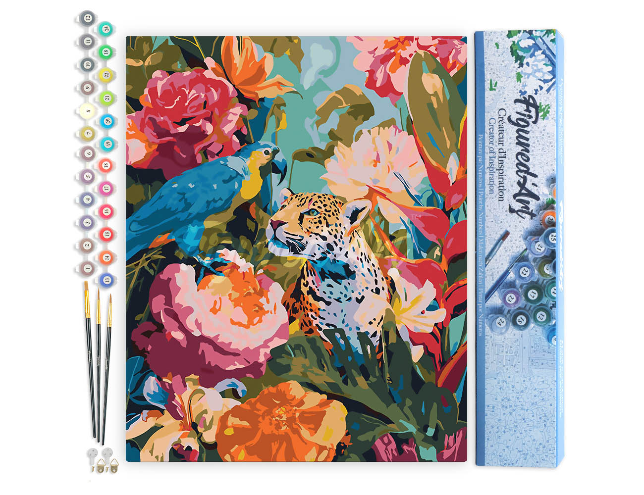 Malen nach Zahlen 40x50cm ohne Keilrahmen Figured’Art Papagei und Leopard - Kidis Art