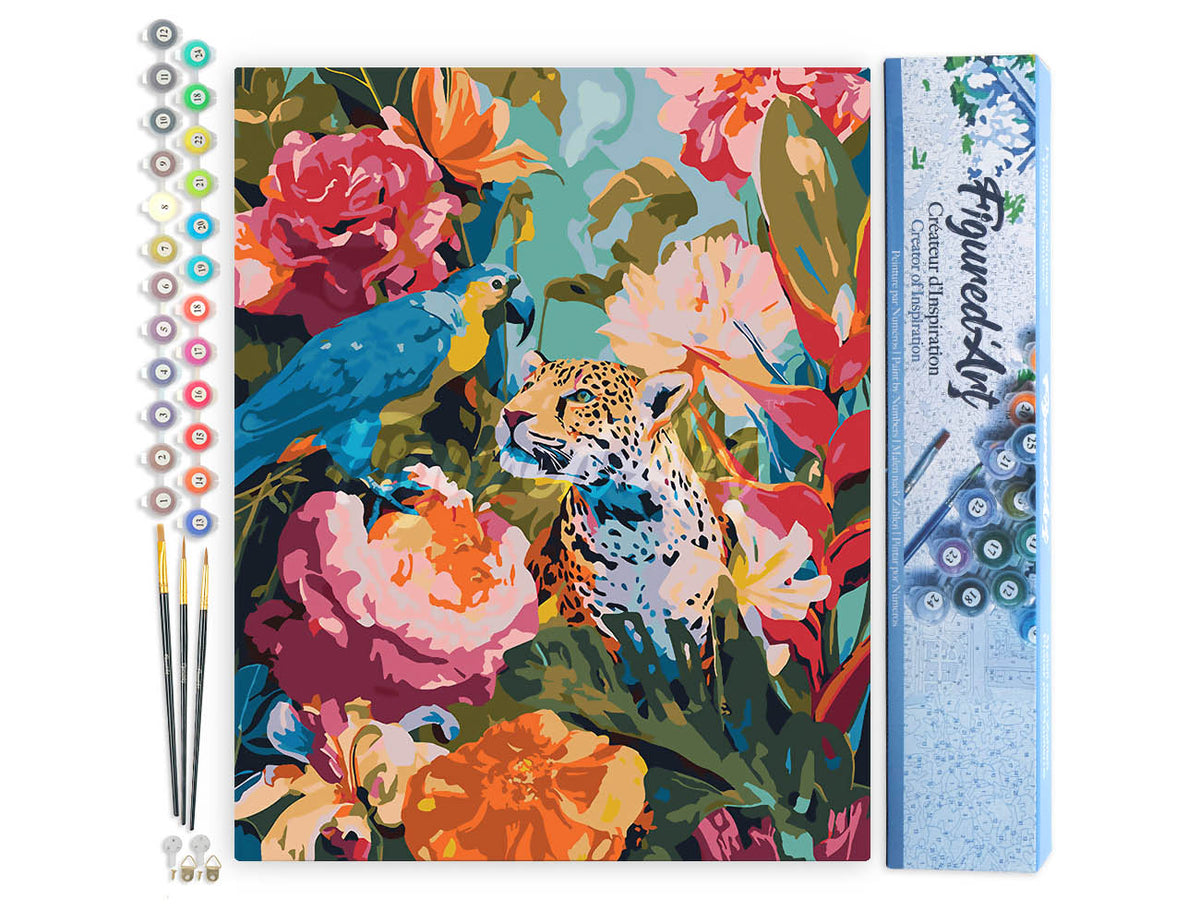 Malen nach Zahlen 40x50cm ohne Keilrahmen Figured’Art Papagei und Leopard - Kidis Art