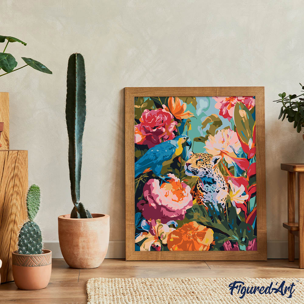Malen nach Zahlen 40x50cm ohne Keilrahmen Figured’Art Papagei und Leopard - Kidis Art