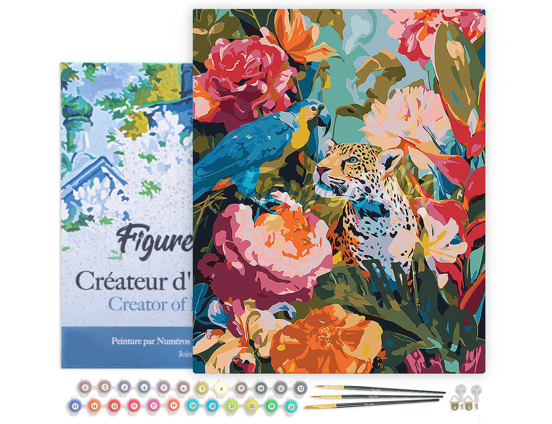 Malen nach Zahlen 40x50cm auf Keilrahmen gespannt Figured’Art Papagei und Leopard