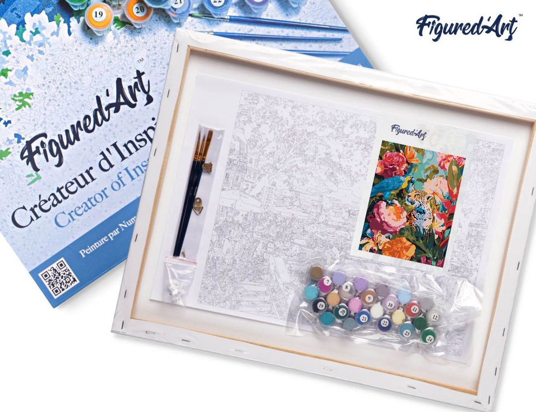 Malen nach Zahlen 40x50cm auf Keilrahmen gespannt Figured’Art Papagei und Leopard