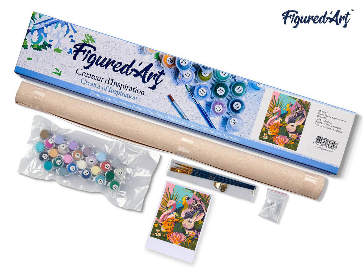 Malen nach Zahlen 40x50cm ohne Keilrahmen Figured’Art Freunde aus dem Dschungel - Kidis Art