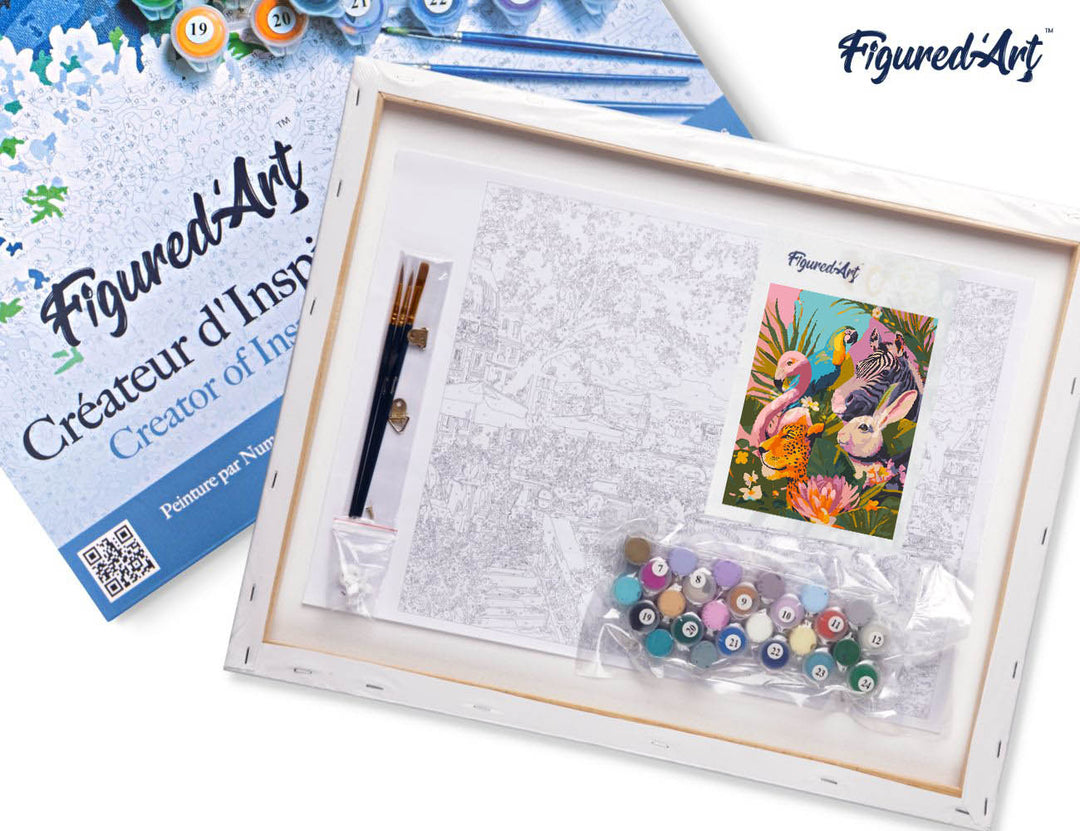 Malen nach Zahlen 40x50cm auf Keilrahmen gespannt Figured’Art Freunde aus dem Dschungel