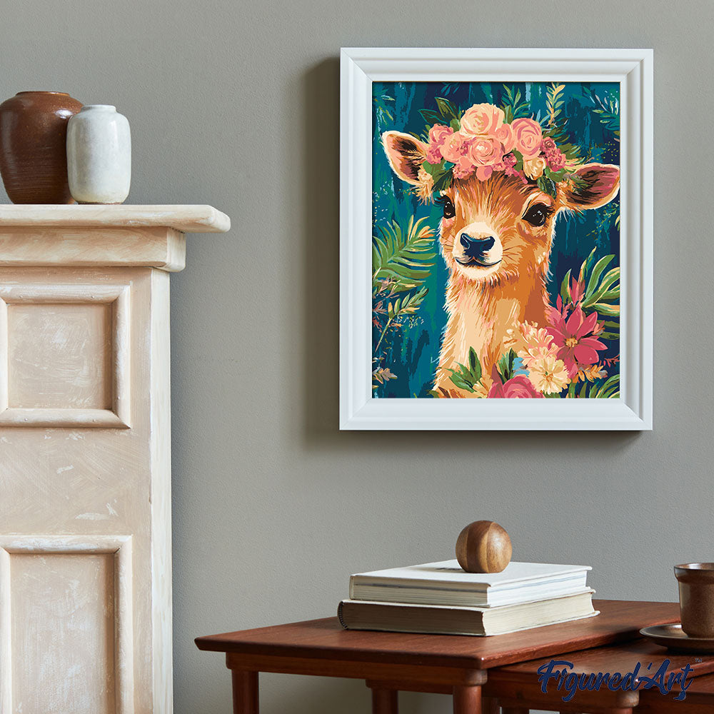 Malen nach Zahlen 40x50cm auf Keilrahmen gespannt Figured’Art Blumiges Reh