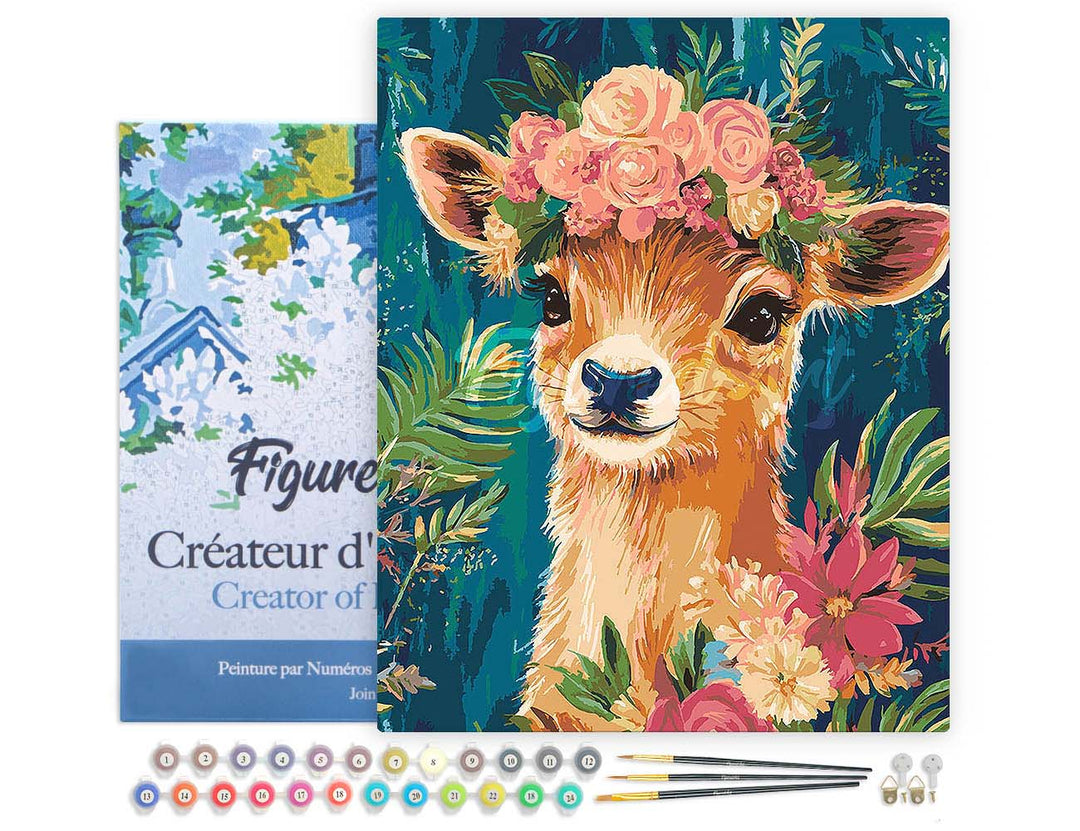 Malen nach Zahlen 40x50cm auf Keilrahmen gespannt Figured’Art Blumiges Reh
