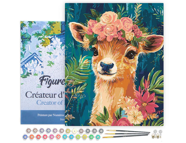 Malen nach Zahlen 40x50cm auf Keilrahmen gespannt Figured’Art Blumiges Reh