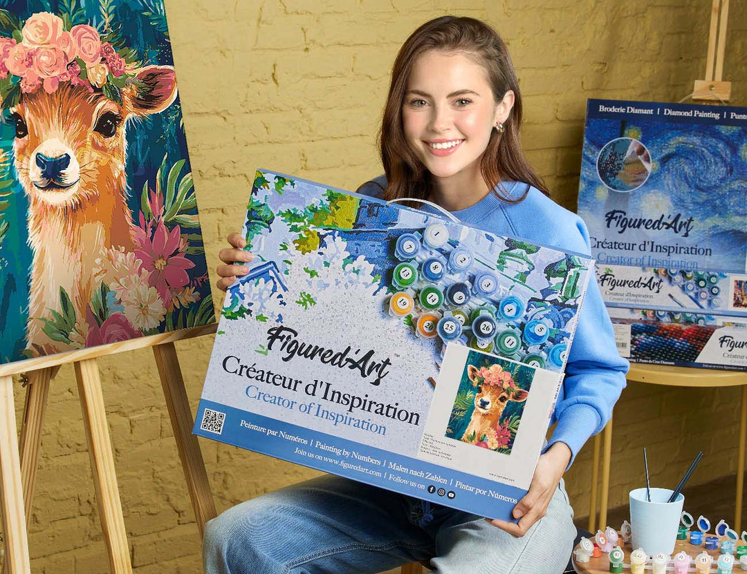 Malen nach Zahlen 40x50cm auf Keilrahmen gespannt Figured’Art Blumiges Reh