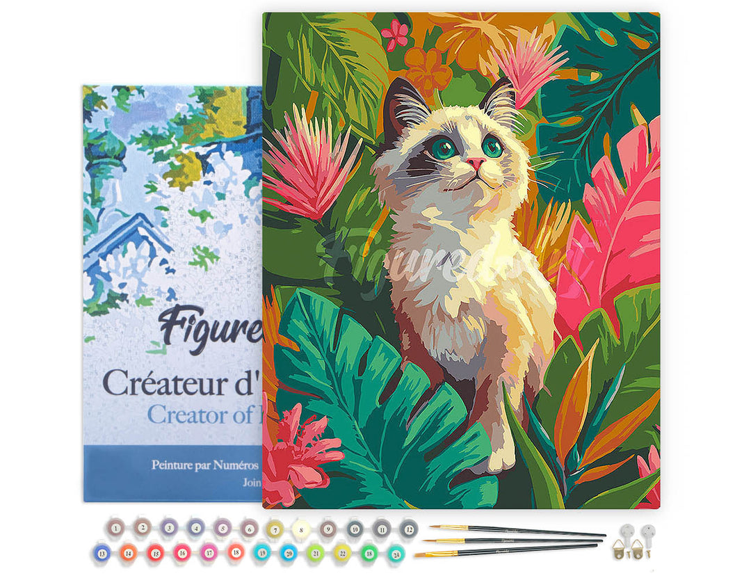 Malen nach Zahlen 40x50cm auf Keilrahmen gespannt Figured’Art Ragdoll-Kätzchen im Dschungel