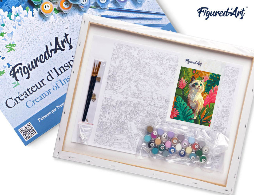 Malen nach Zahlen 40x50cm auf Keilrahmen gespannt Figured’Art Ragdoll-Kätzchen im Dschungel