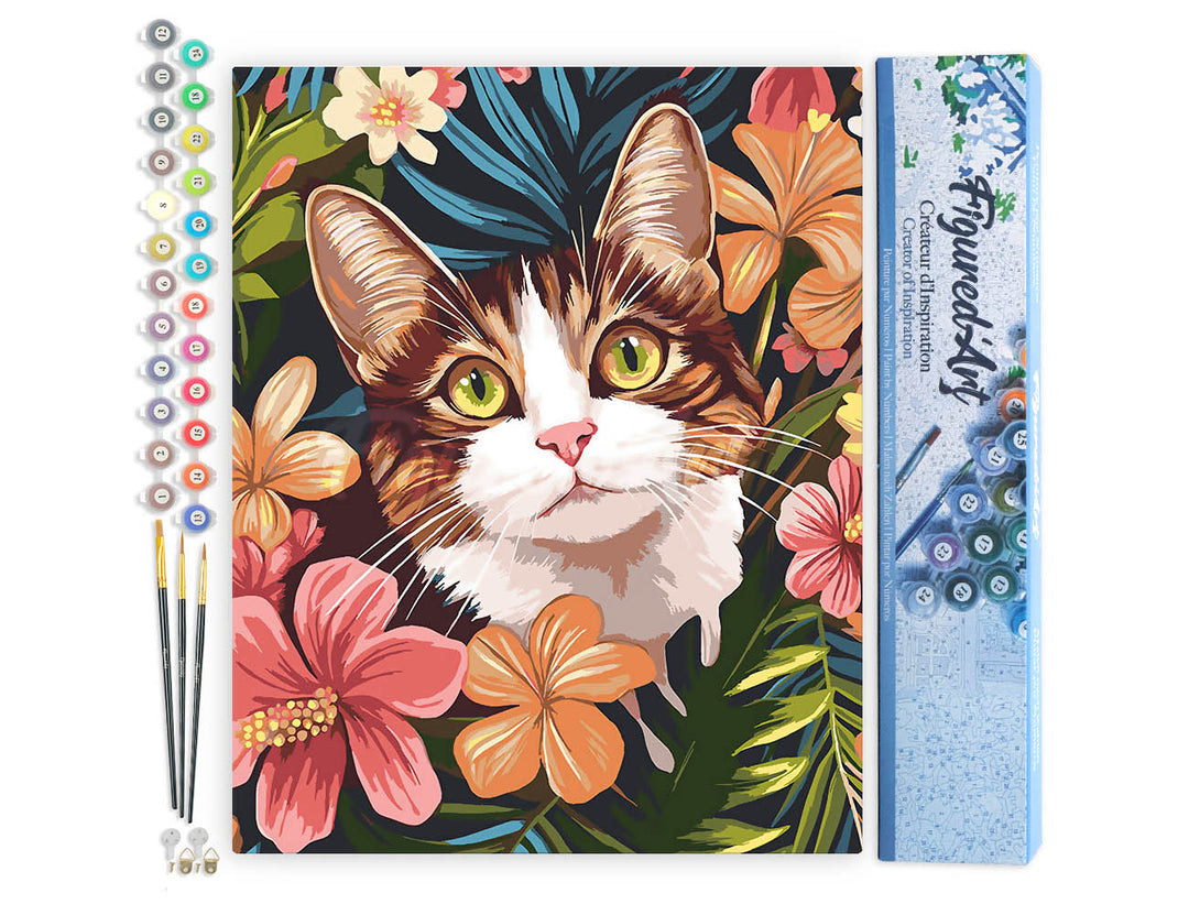 Malen nach Zahlen 40x50cm ohne Keilrahmen Figured’Art Katze mit tropischen Blumen