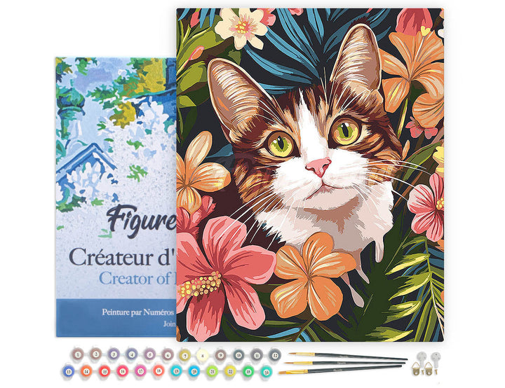 Malen nach Zahlen 40x50cm auf Keilrahmen gespannt Figured’Art Katze mit tropischen Blumen
